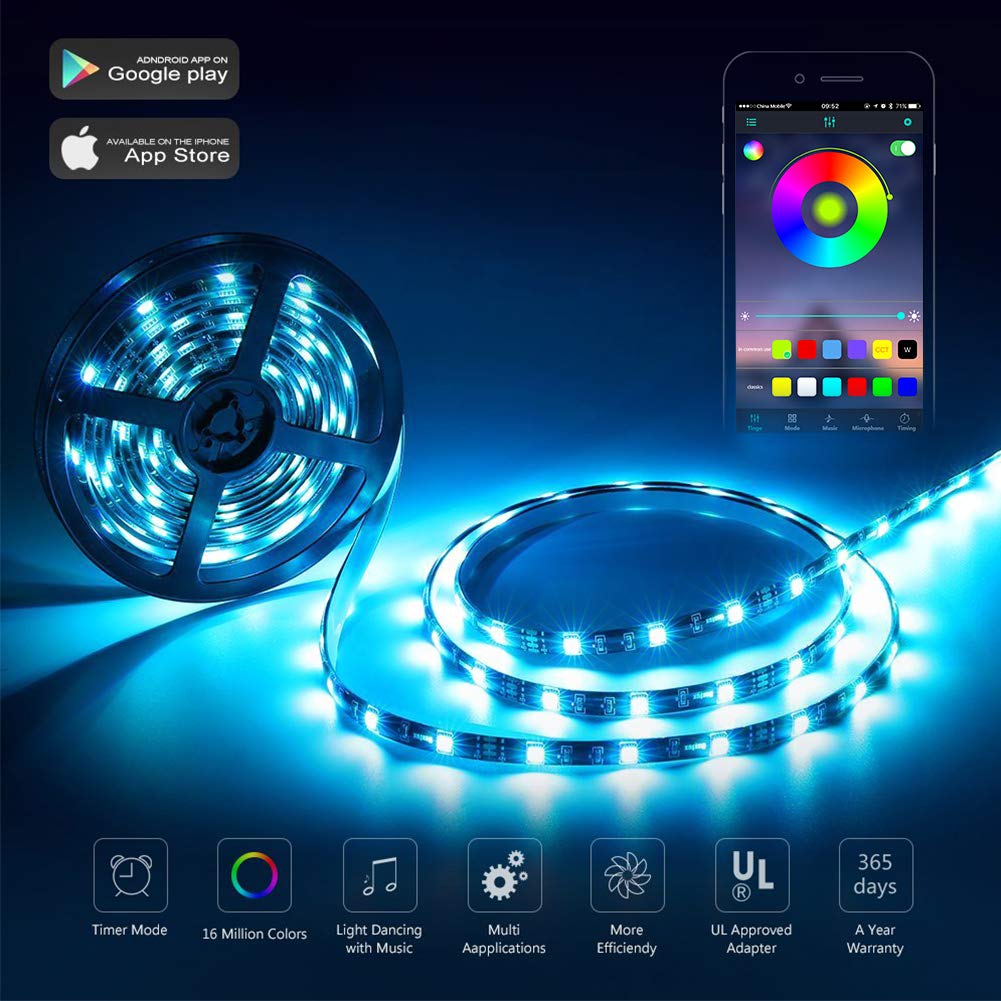 Tira LED de Bluetooth, WINSUNY Luces de Tira LED Controlada por Smartphone  APP, Sync to Music, 5050 RGB 6.5 ft / 2 meter, 60 Luz LED Prueba de Agua