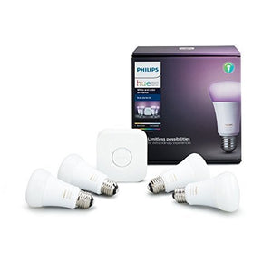 Philips Hue White and Color Ambiance A19 - Kit de inicio de bombillas LED equivalentes a 60 W, 4 bombillas A19 y 1 puente, funciona con Alexa, Apple HomeKit y Google Assistant (residentes de California)