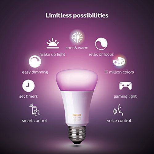 Philips Hue White and Color Ambiance A19 - Kit de inicio de bombillas LED equivalentes a 60 W, 4 bombillas A19 y 1 puente, funciona con Alexa, Apple HomeKit y Google Assistant (residentes de California)