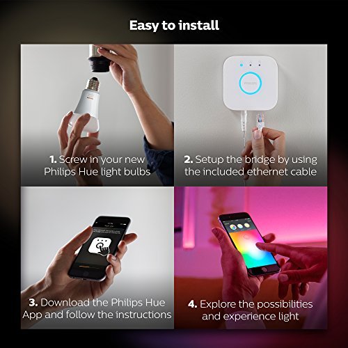 Philips Hue White and Color Ambiance A19 - Kit de inicio de bombillas LED equivalentes a 60 W, 4 bombillas A19 y 1 puente, funciona con Alexa, Apple HomeKit y Google Assistant (residentes de California)