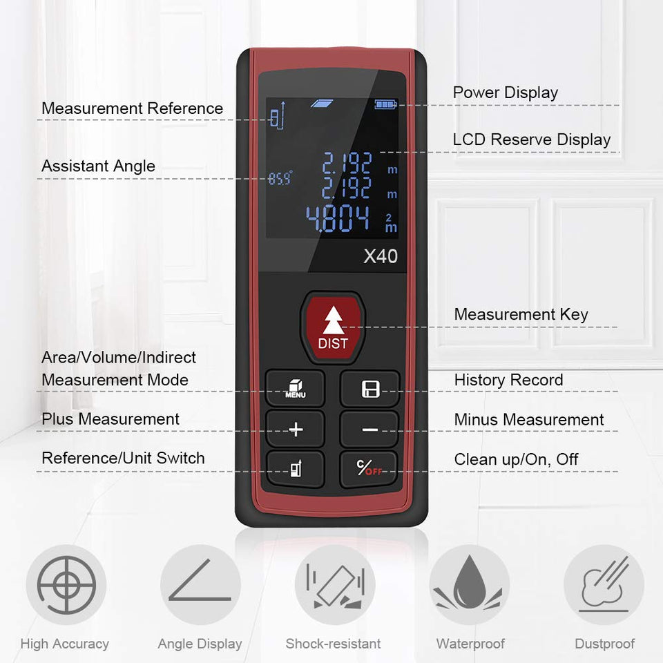 WZTO Medidor Láser de Distancia Digital, Telémetro Láser 40m Mini Portátil Metro Láser, Alta Precisión ±1.5 mm, Pantalla Retroiluminada LCD, Gran Capacidad de Almacenamiento, Rápida Medición, Area Volume