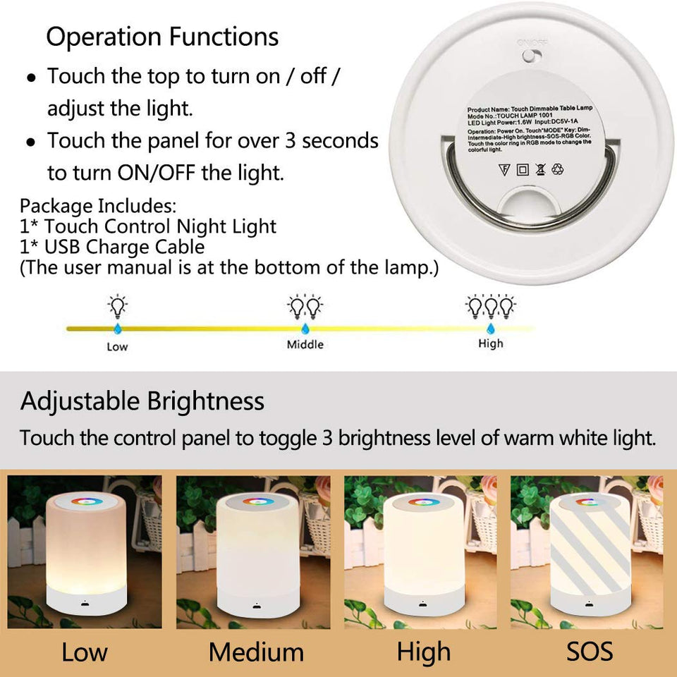 Luz de Noche Recargable, MCSWKEY Luz de Nocturna LED 6 Colores LED Lámparas de Mesa Inteligente para Bebe, Control Tactil, Regulable, Cambio de Color RGB para Niños, Habitación, Cámping (Blanco Cálido)