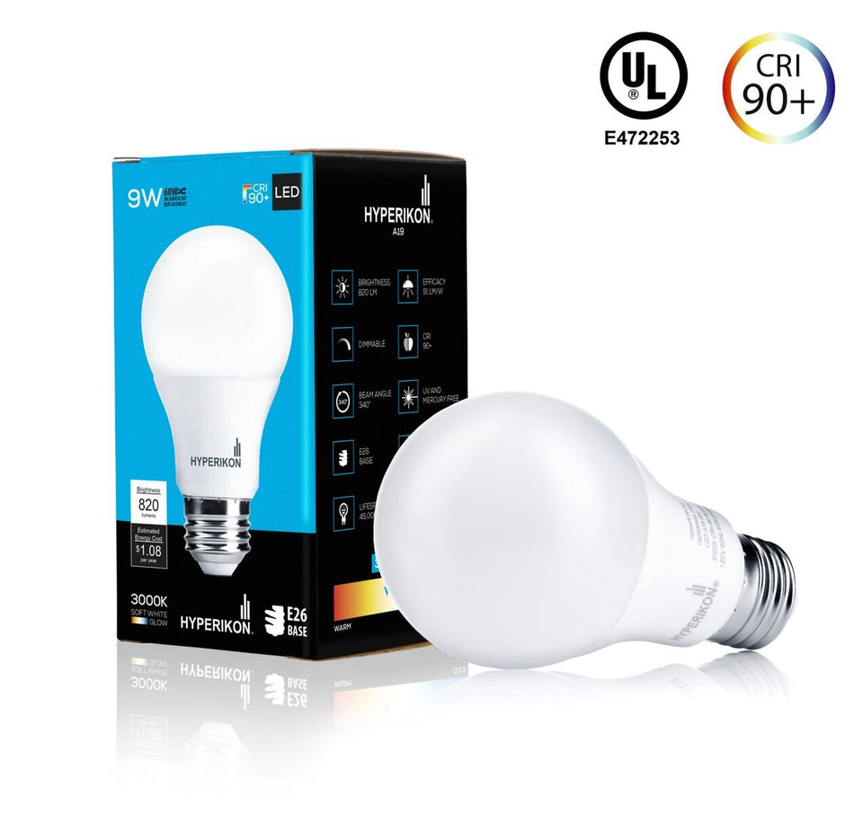 Hyperikon LED A19 Dimmable Bulb, 9.5-Watt (60-Watt Equivalent), 3000K (Soft White Glow), CRI90+, 800 Lumens, Medium Screw Base (E26), 340° Omnidirectional, UL-Listed