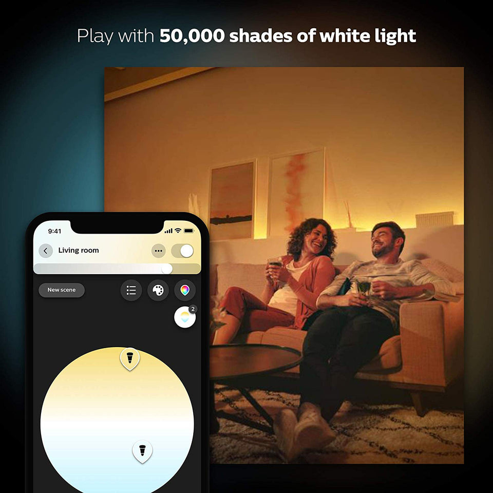 Philips Hue White and Color Ambiance A19 - Kit de inicio de bombillas LED equivalentes a 60 W, 4 bombillas A19 y 1 puente, funciona con Alexa, Apple HomeKit y Google Assistant (residentes de California)