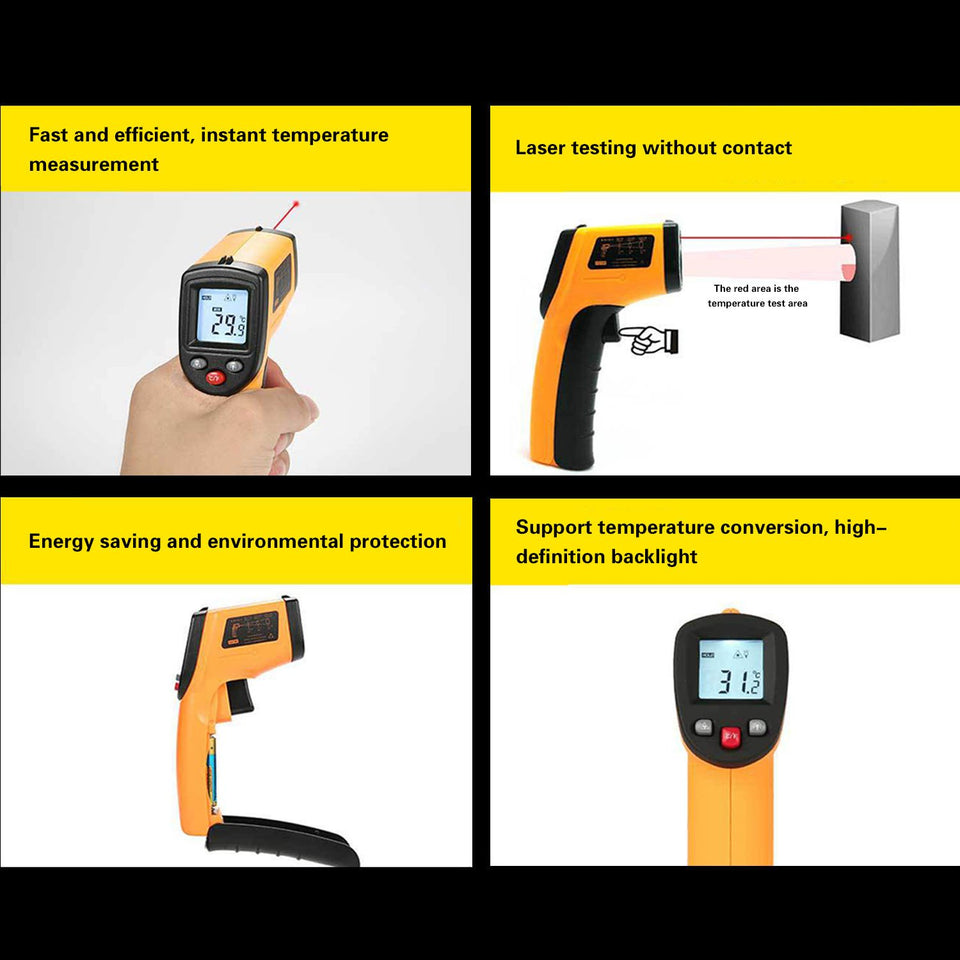 SLACTech Termómetro Infrarrojo Digital Láser, Medidor IR Digital sin Contacto(-50°C a 400°C), Pistola de Temperatura, LCD Iluminación, Amarrillo y Negro