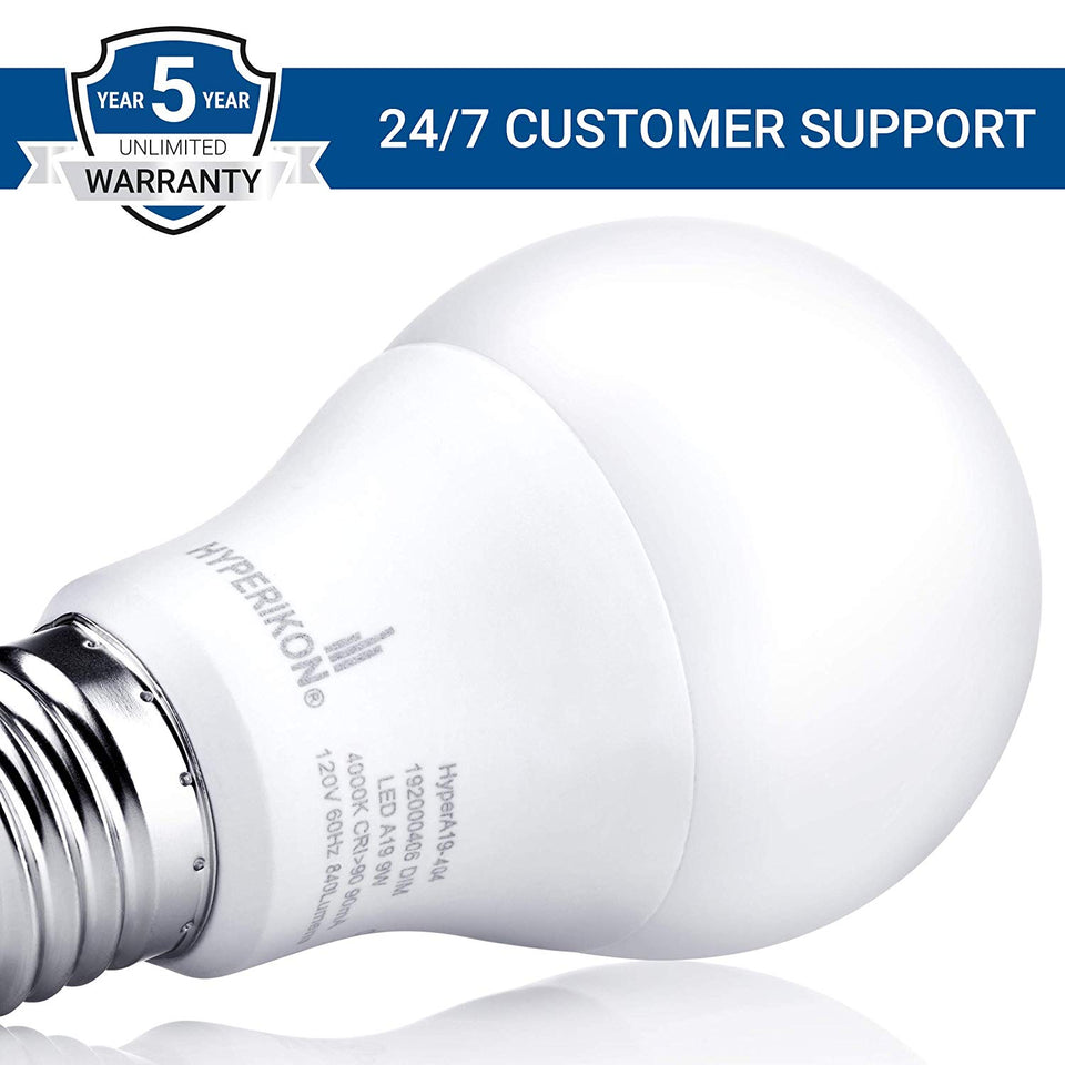 Hyperikon LED A19 Dimmable Bulb, 9.5-Watt (60-Watt Equivalent), 3000K (Soft White Glow), CRI90+, 800 Lumens, Medium Screw Base (E26), 340° Omnidirectional, UL-Listed