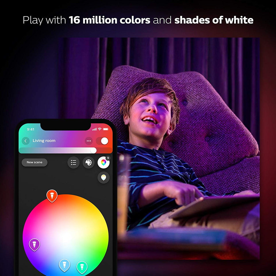 Philips Hue White and Color Ambiance A19 - Kit de inicio de bombillas LED equivalentes a 60 W, 4 bombillas A19 y 1 puente, funciona con Alexa, Apple HomeKit y Google Assistant (residentes de California)