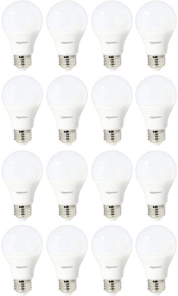 AmazonBasics Bombilla LED de 60 W equivalente, blanco neutro, regulable, A19, paquete de 16 unidades