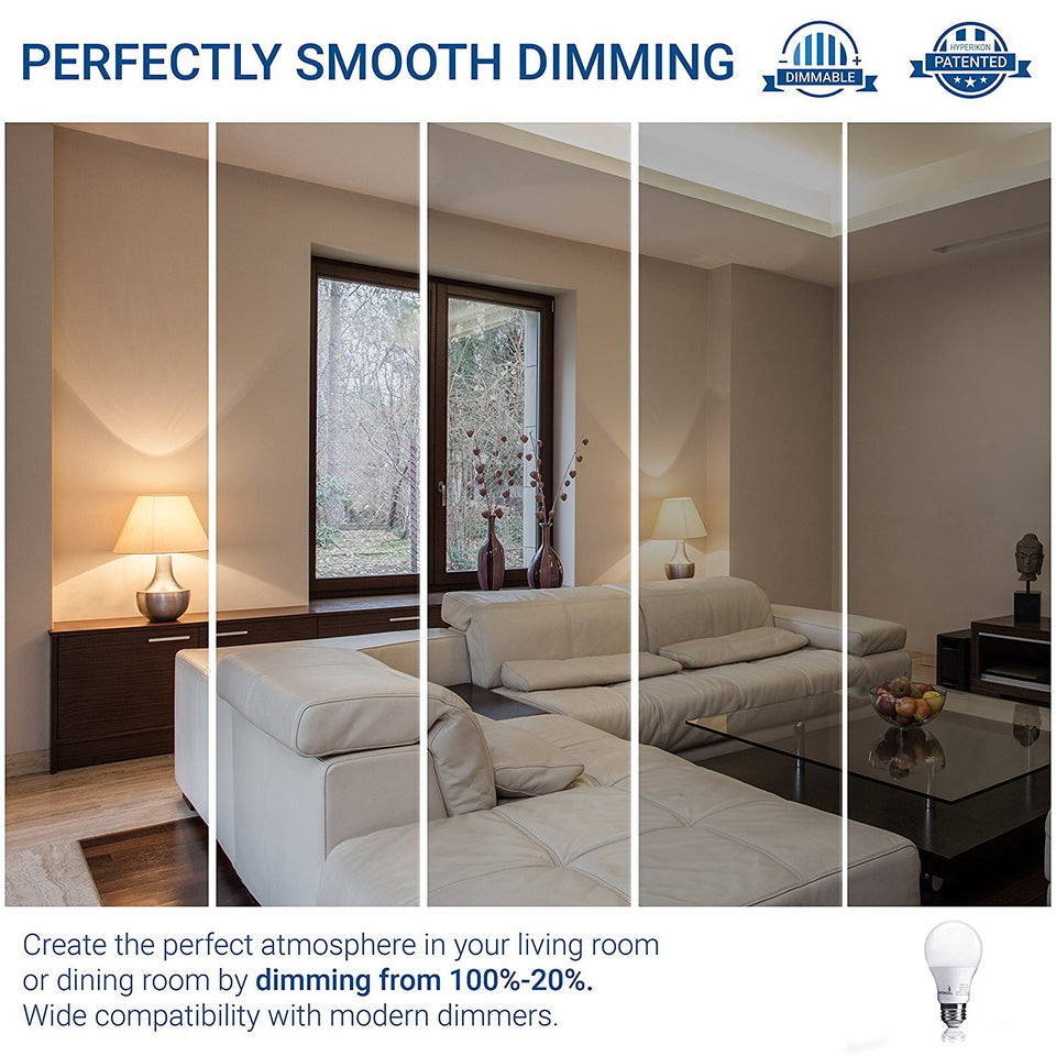 Hyperikon LED A19 Dimmable Bulb, 9.5-Watt (60-Watt Equivalent), 3000K (Soft White Glow), CRI90+, 800 Lumens, Medium Screw Base (E26), 340° Omnidirectional, UL-Listed