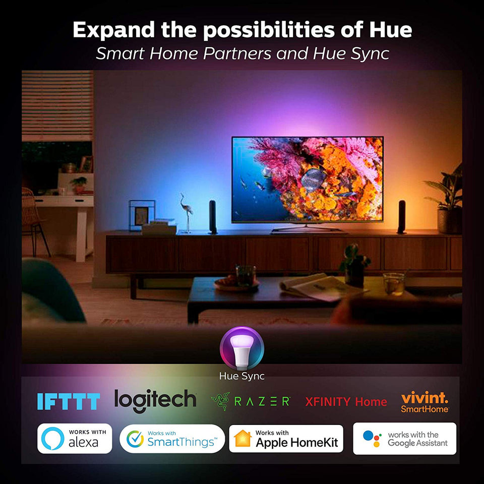 Philips Hue White and Color Ambiance A19 - Kit de inicio de bombillas LED equivalentes a 60 W, 4 bombillas A19 y 1 puente, funciona con Alexa, Apple HomeKit y Google Assistant (residentes de California)